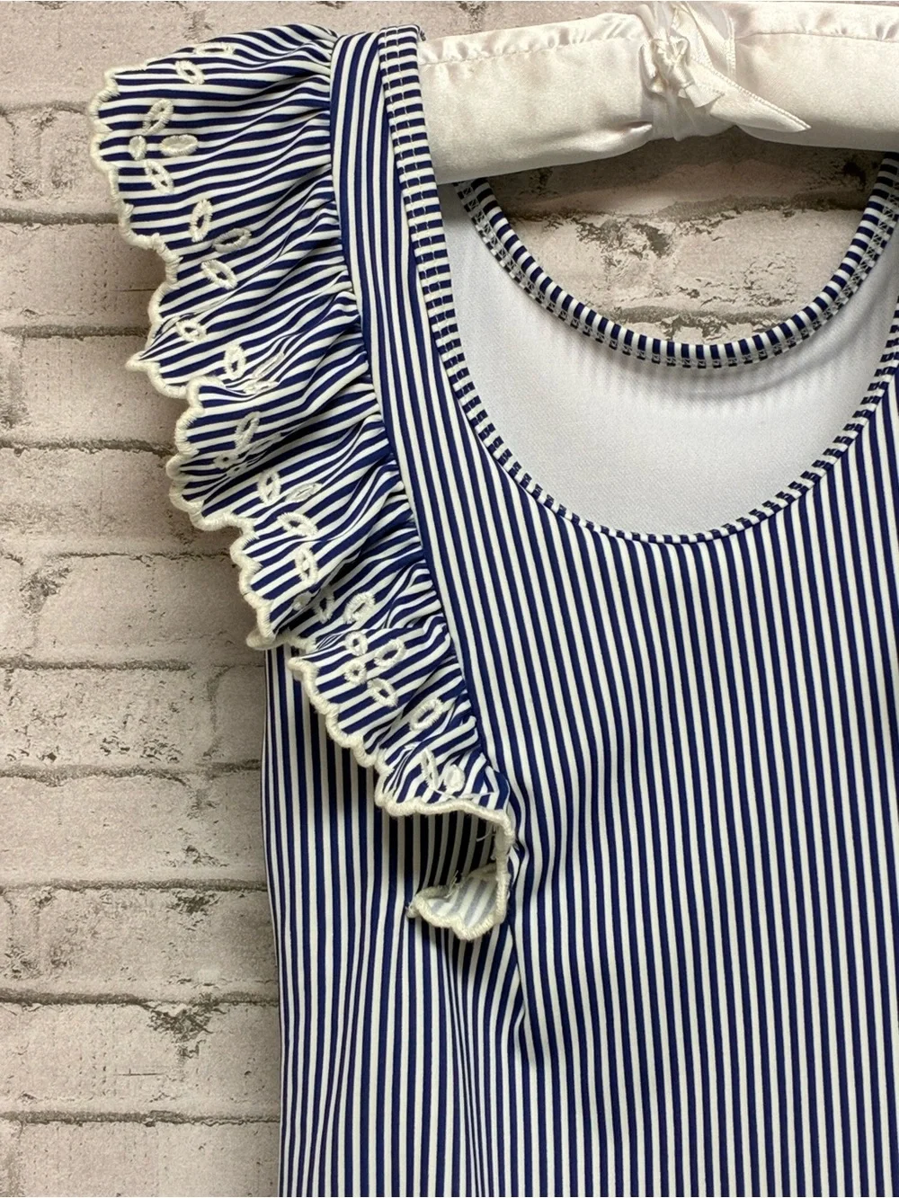 GYMBOREE Girls Size 6 Kids Striped Swimsuit Ruffles Navy Blue White Eyelet